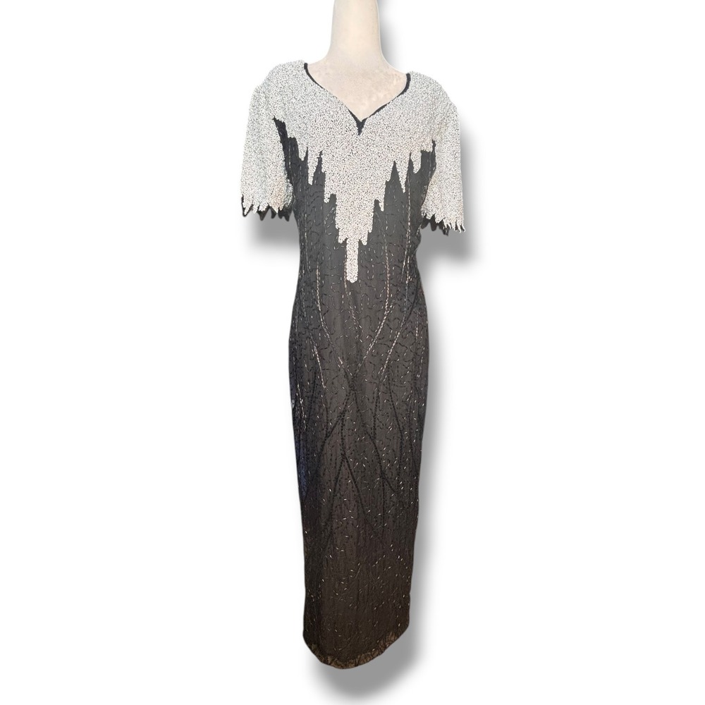 Vintage Laurence Kazar Black Silver Beaded Silk Column Maxi Dress Evening Gown